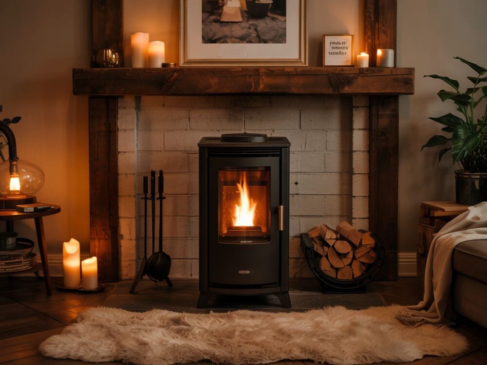 ciepłe wnętrze z piecem