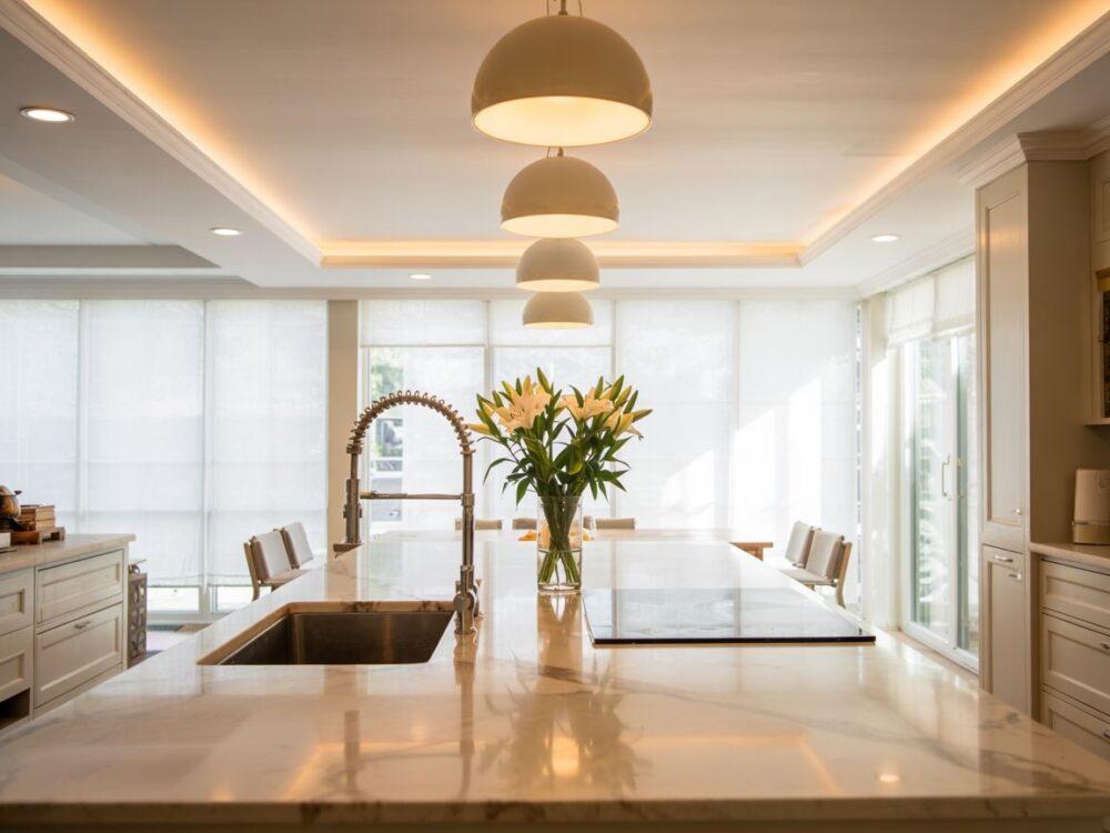 jasna kuchnia z sufitowym światłem