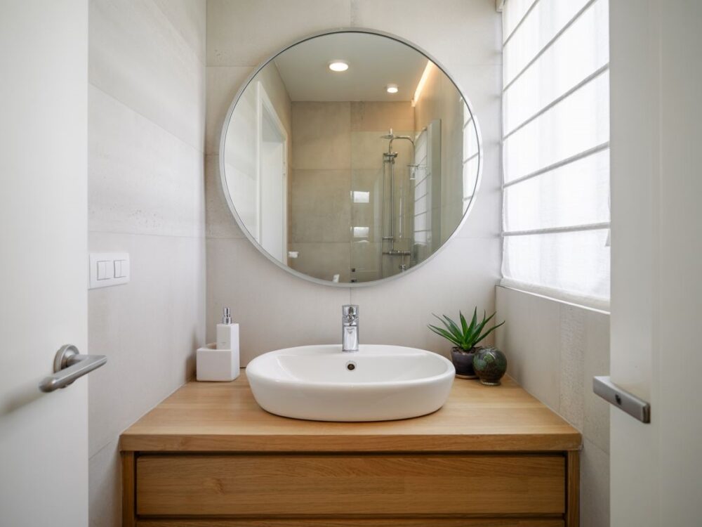 minimalistyczne lustro nad umywalką