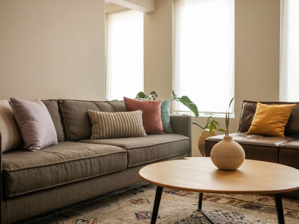 nowoczesny salon z szarą kanapą