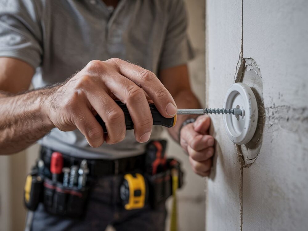 przykręcanie kołka do płyty gipsowej