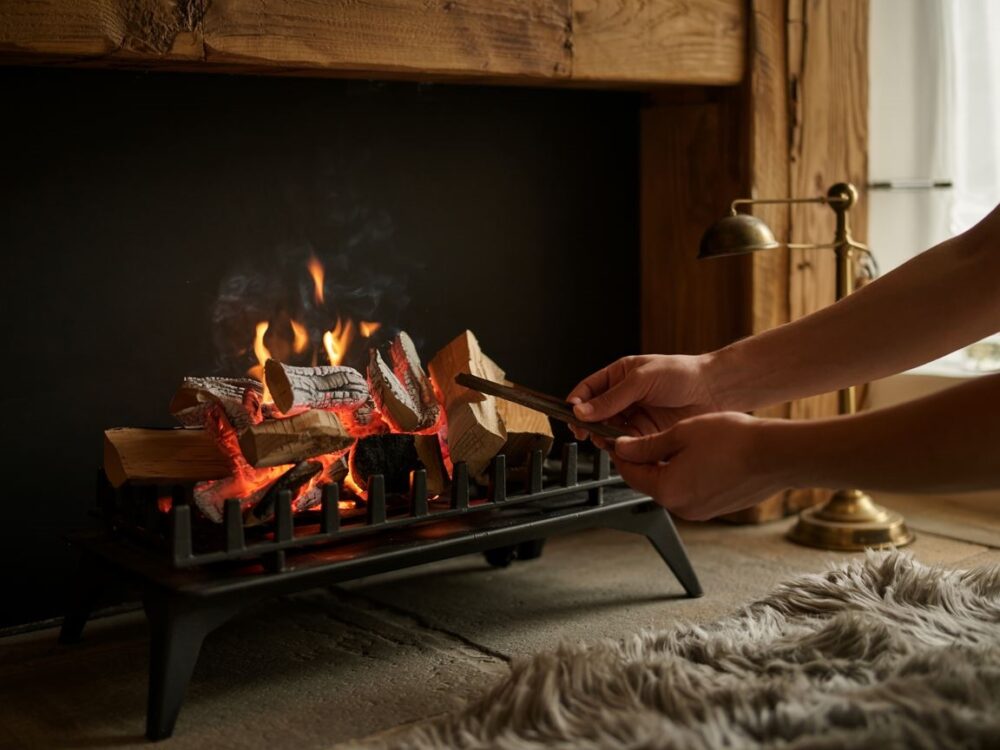 rozpalony kominek z brykietem