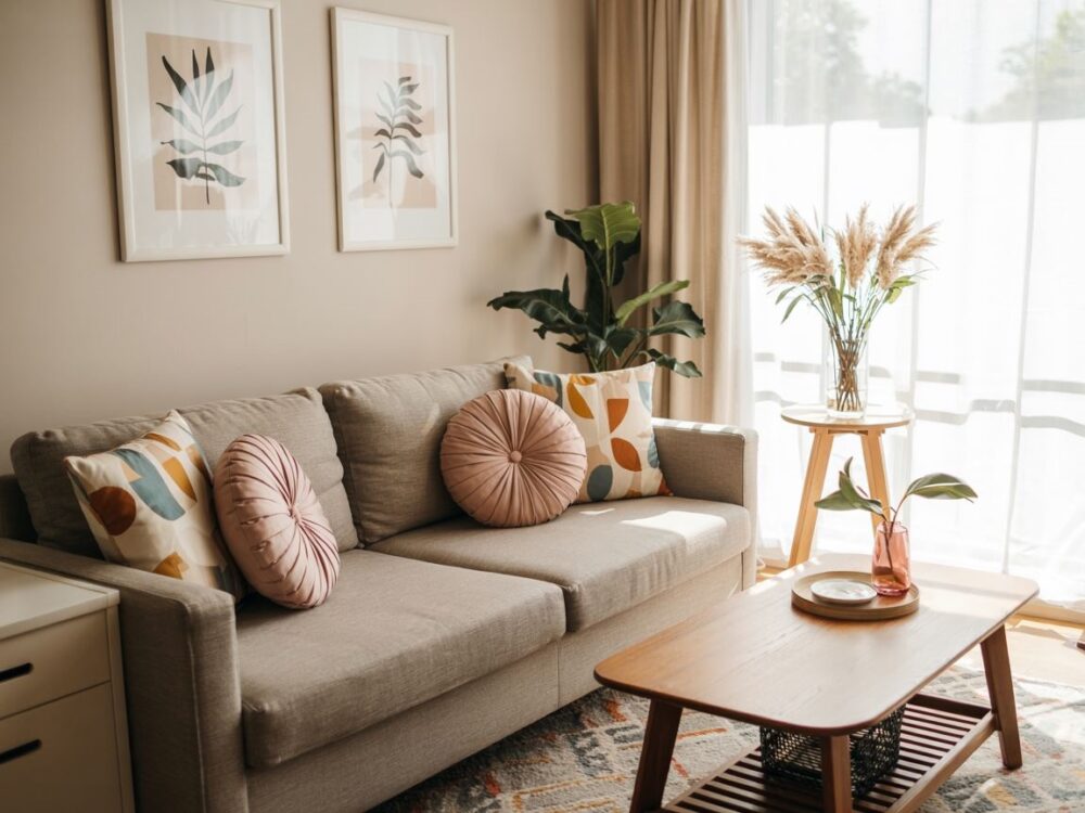 szara kanapa z poduszkami