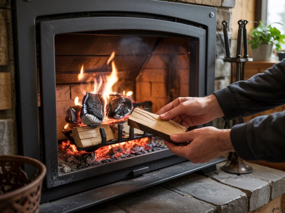 układanie brykietu w kominku